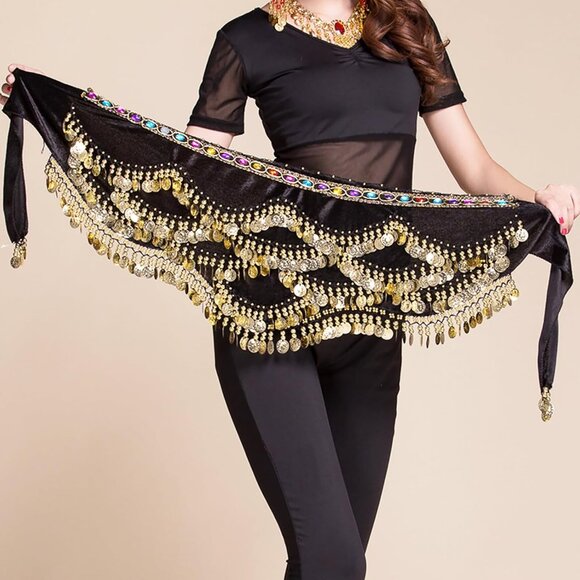 Women's Triangular Belly Dance Hip Scarf Wrap Black Skirts with Gold Coins - Picture 4 of 4